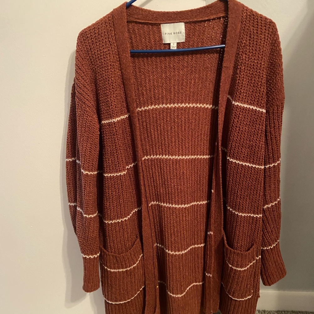 Pink Rose brand orangey/red and white striped cardigan with pockets